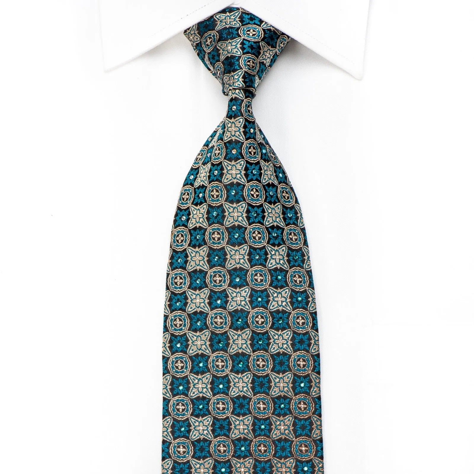 Paco Rabanne Men's Crystal Silk Necktie Gold Turquoise Checkered Cartouche On Black With Sparkles