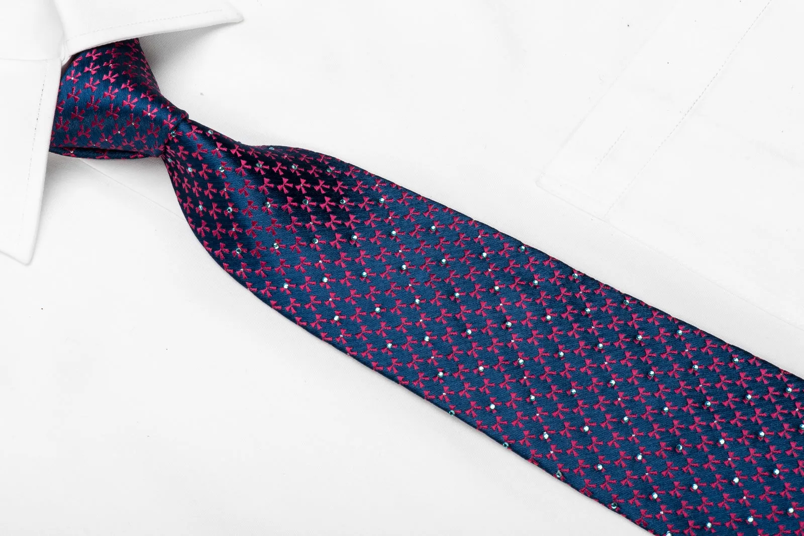 Perry Ellis Men's Crystal Silk Tie Pink Geometric On Blue Sparkling With Rhinestones