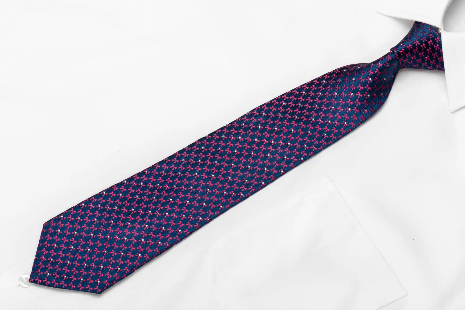 Perry Ellis Men's Crystal Silk Tie Pink Geometric On Blue Sparkling With Rhinestones