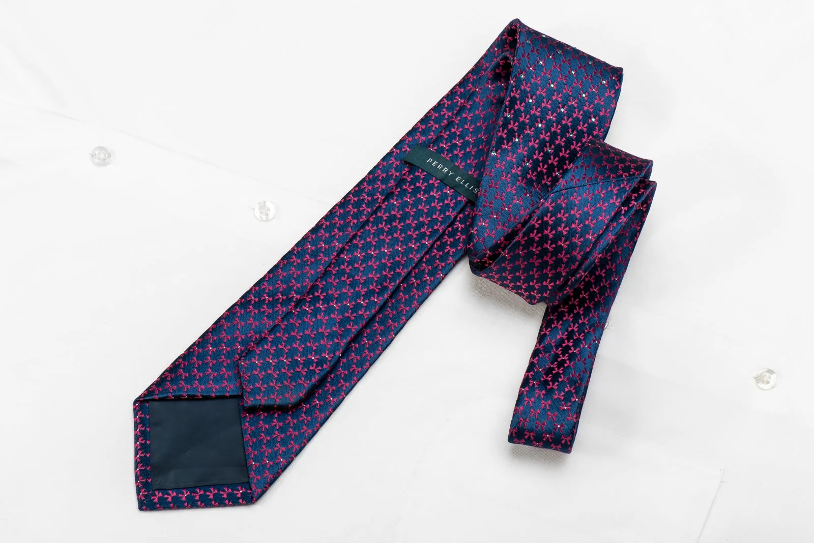 Perry Ellis Men's Crystal Silk Tie Pink Geometric On Blue Sparkling With Rhinestones