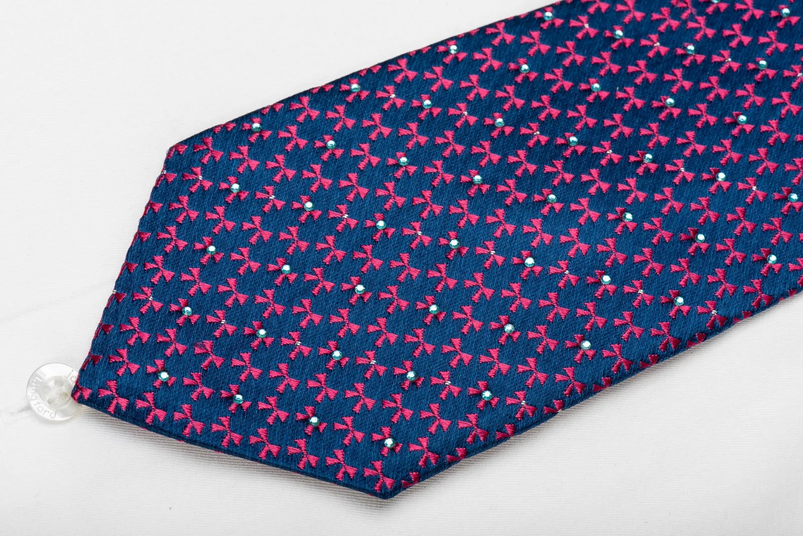 Perry Ellis Men's Crystal Silk Tie Pink Geometric On Blue Sparkling With Rhinestones