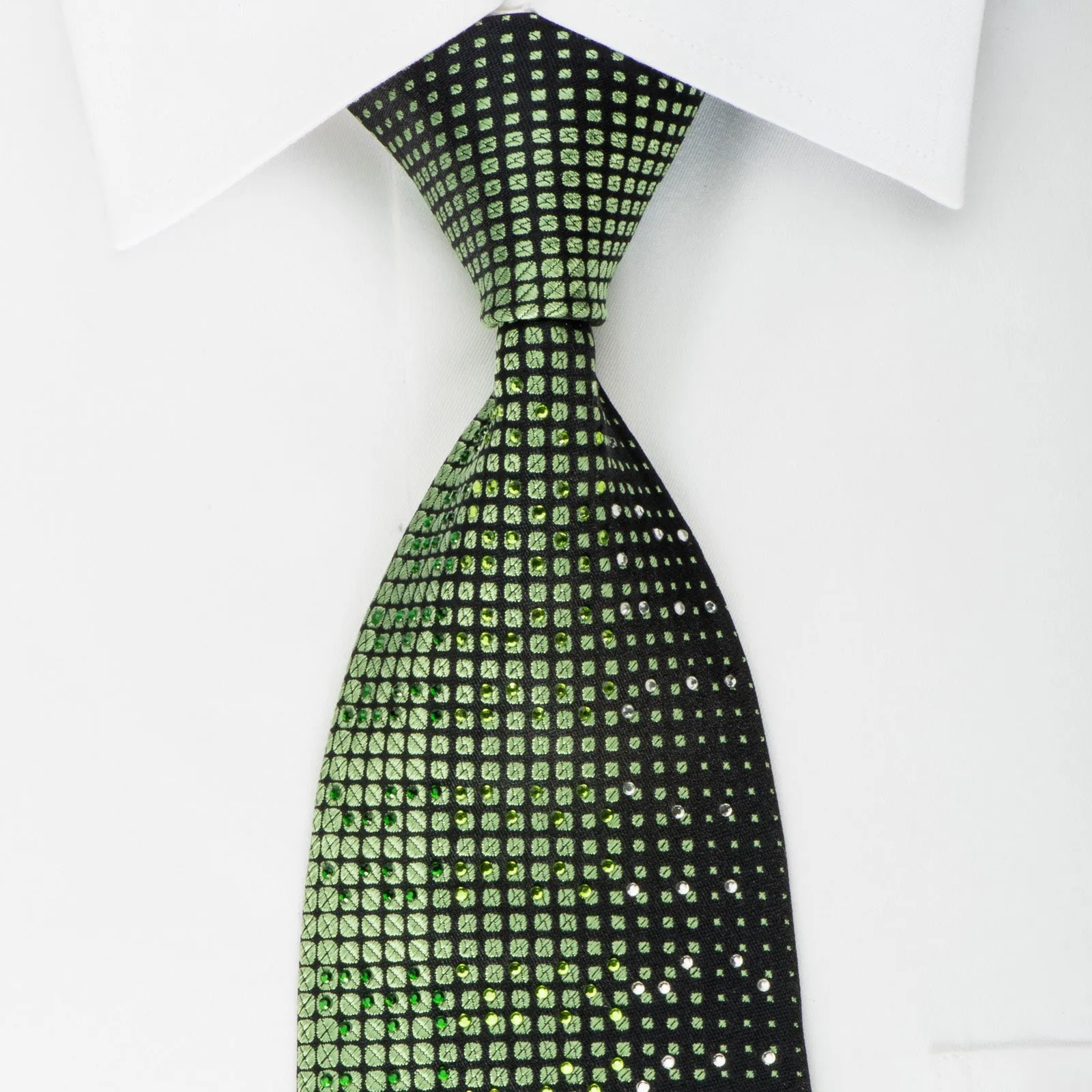 Perry Ellis Men's Silk Tie Emerald Green Geometric Matrix On Black With Rhinestones