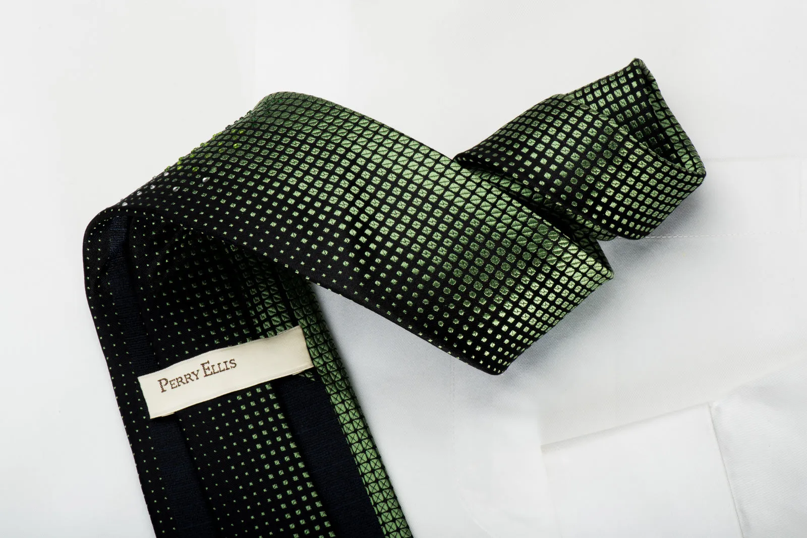 Perry Ellis Men's Silk Tie Emerald Green Geometric Matrix On Black With Rhinestones