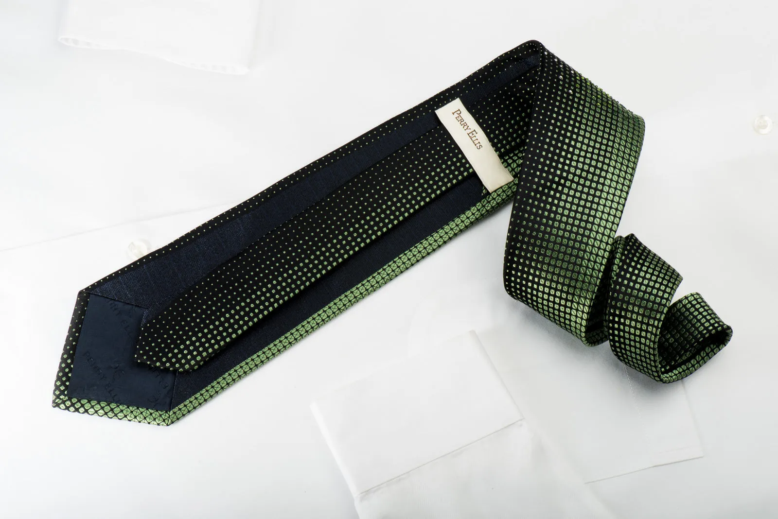 Perry Ellis Men's Silk Tie Emerald Green Geometric Matrix On Black With Rhinestones