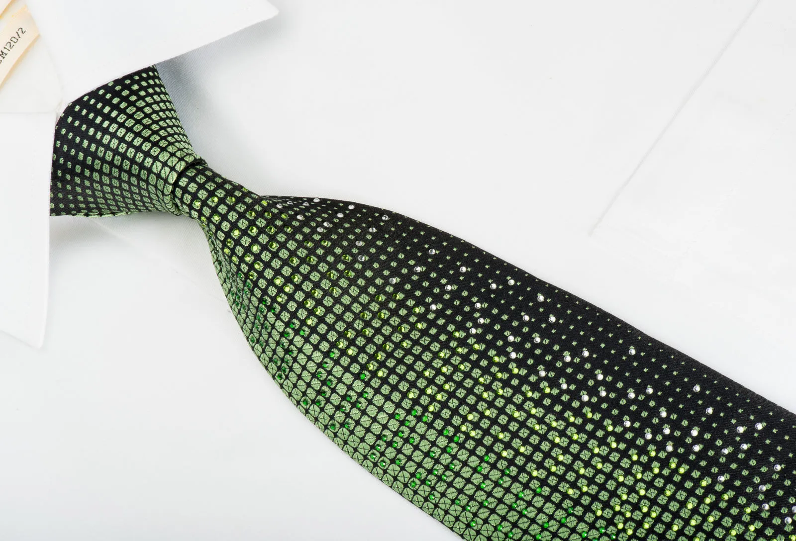 Perry Ellis Men's Silk Tie Emerald Green Geometric Matrix On Black With Rhinestones