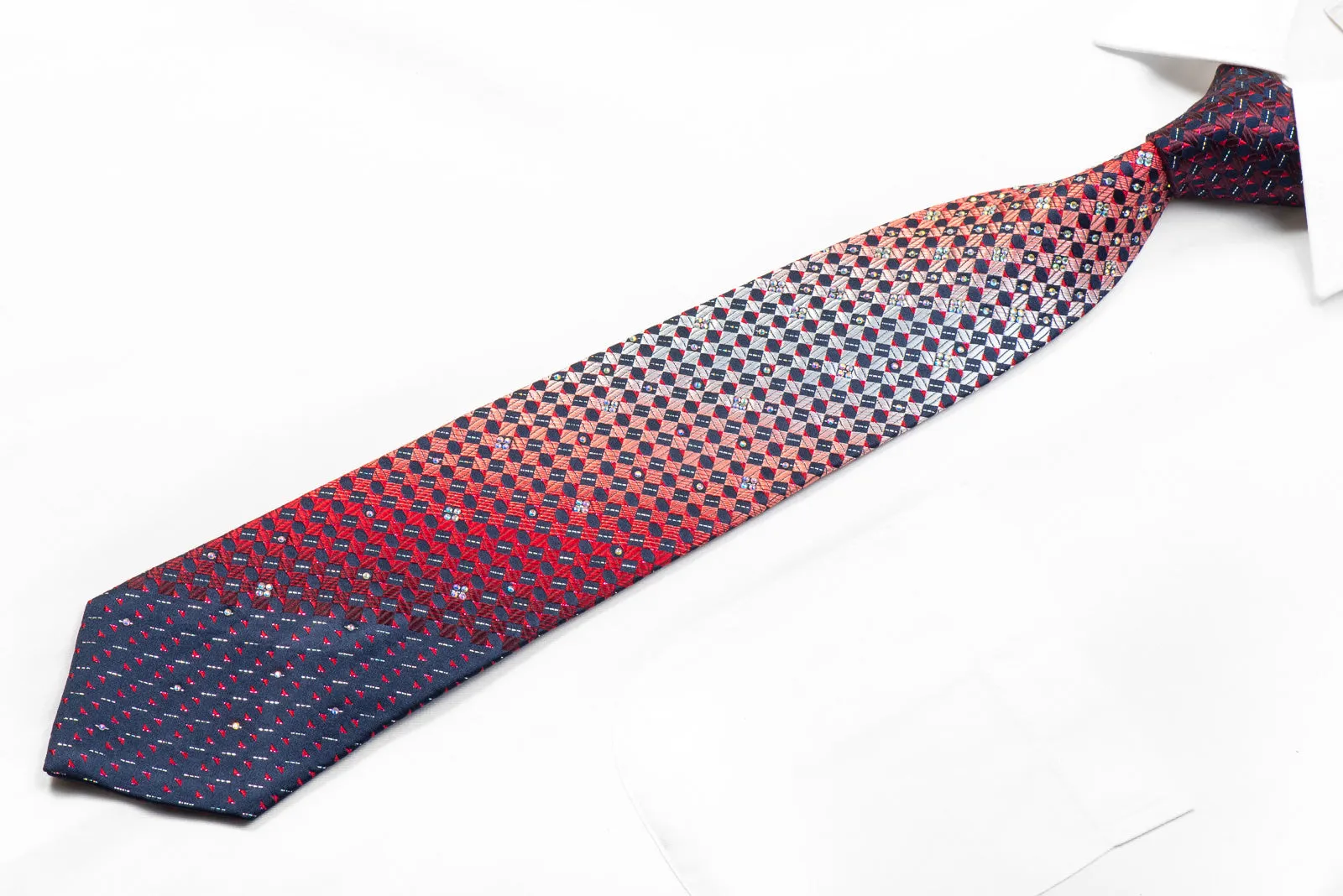 Pierre Cardin Rhinestone Silk Necktie Red Navy Checkered With Silver Sparkles