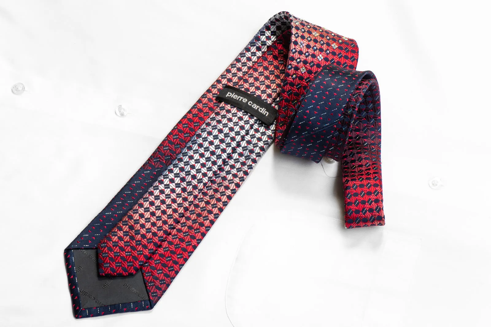 Pierre Cardin Rhinestone Silk Necktie Red Navy Checkered With Silver Sparkles