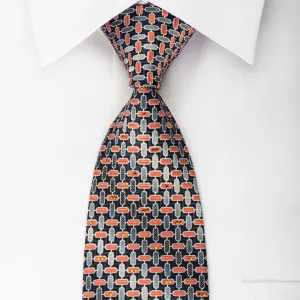 Pierre Cardin Silk Necktie Silver Orange Geometric & Trellis On Navy With Rhinestones & Sparkles