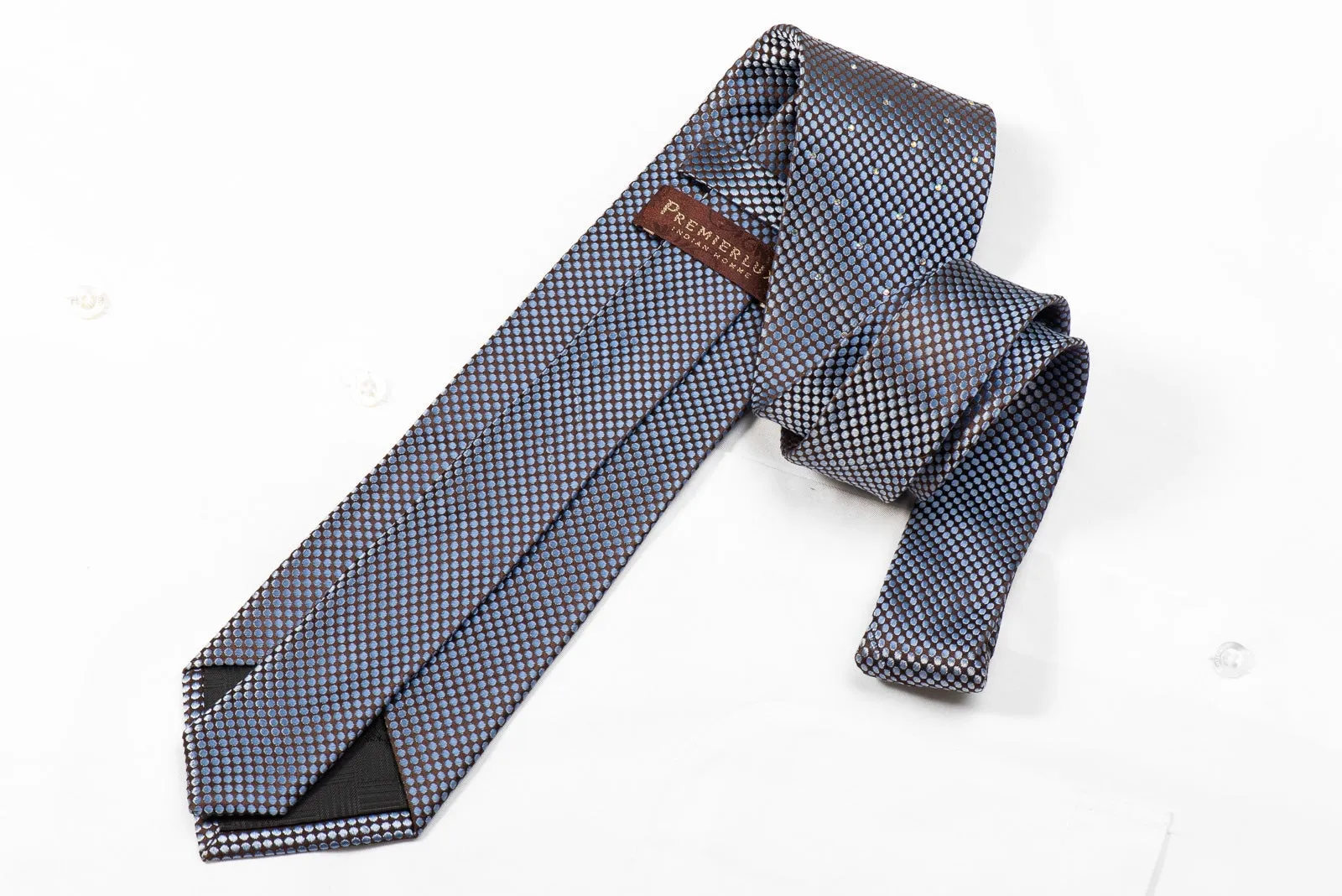 Premierlux Men's Crystal Silk Tie Blue Microdots On Brown Sparkling With AB Rhinestones