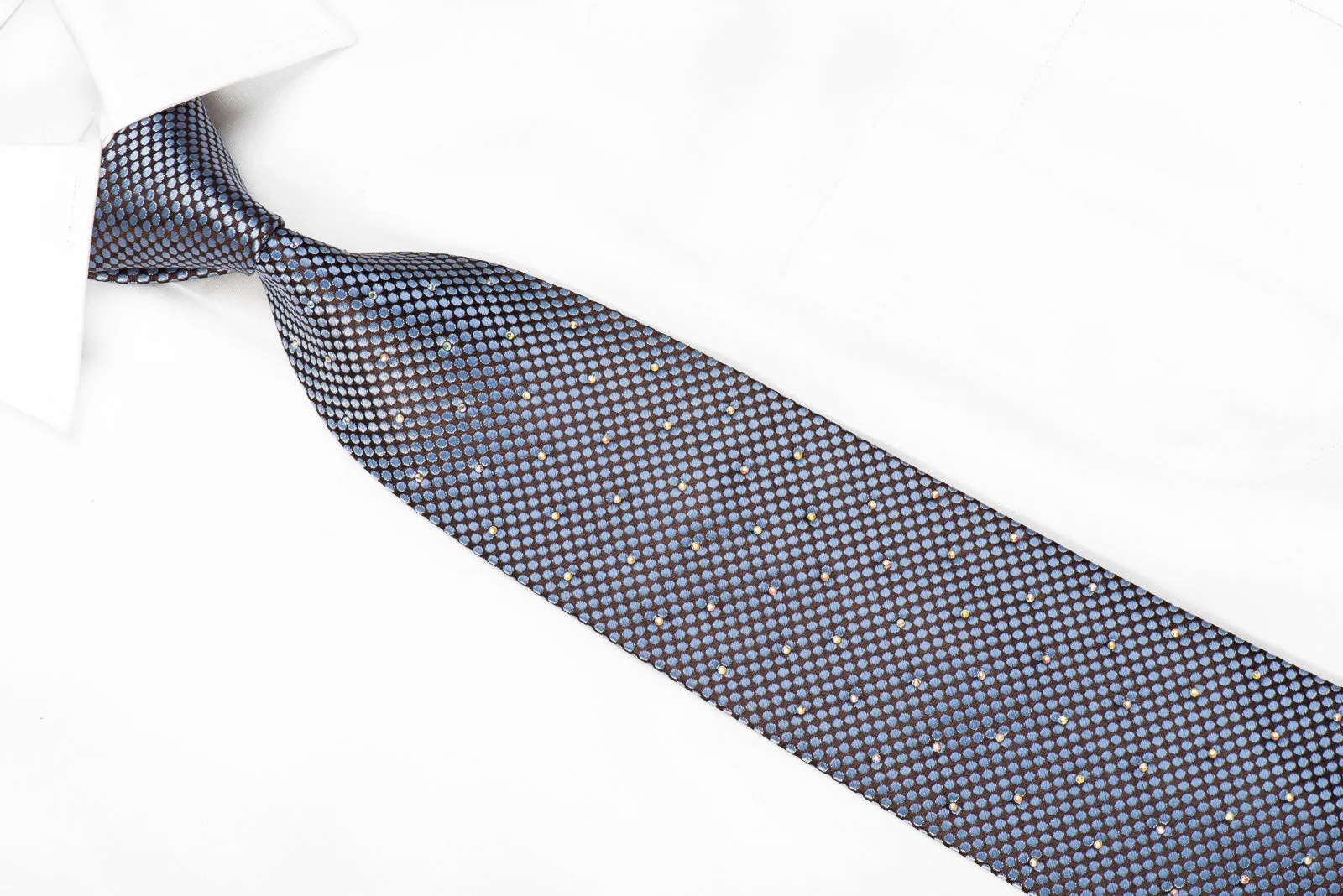 Premierlux Men's Crystal Silk Tie Blue Microdots On Brown Sparkling With AB Rhinestones