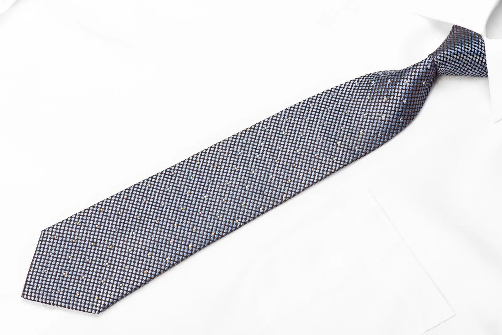 Premierlux Men's Crystal Silk Tie Blue Microdots On Brown Sparkling With AB Rhinestones