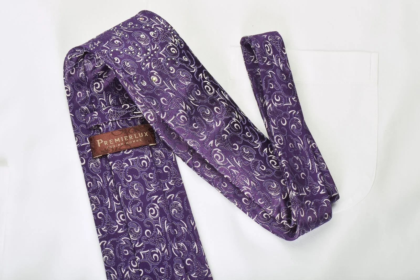 Premierlux Rhinestone Silk Necktie Silver Abstract On Purple With Silver Sparkles