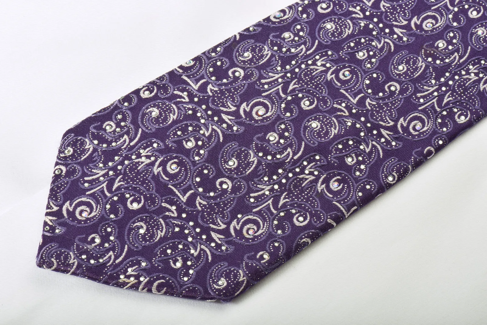 Premierlux Rhinestone Silk Necktie Silver Abstract On Purple With Silver Sparkles