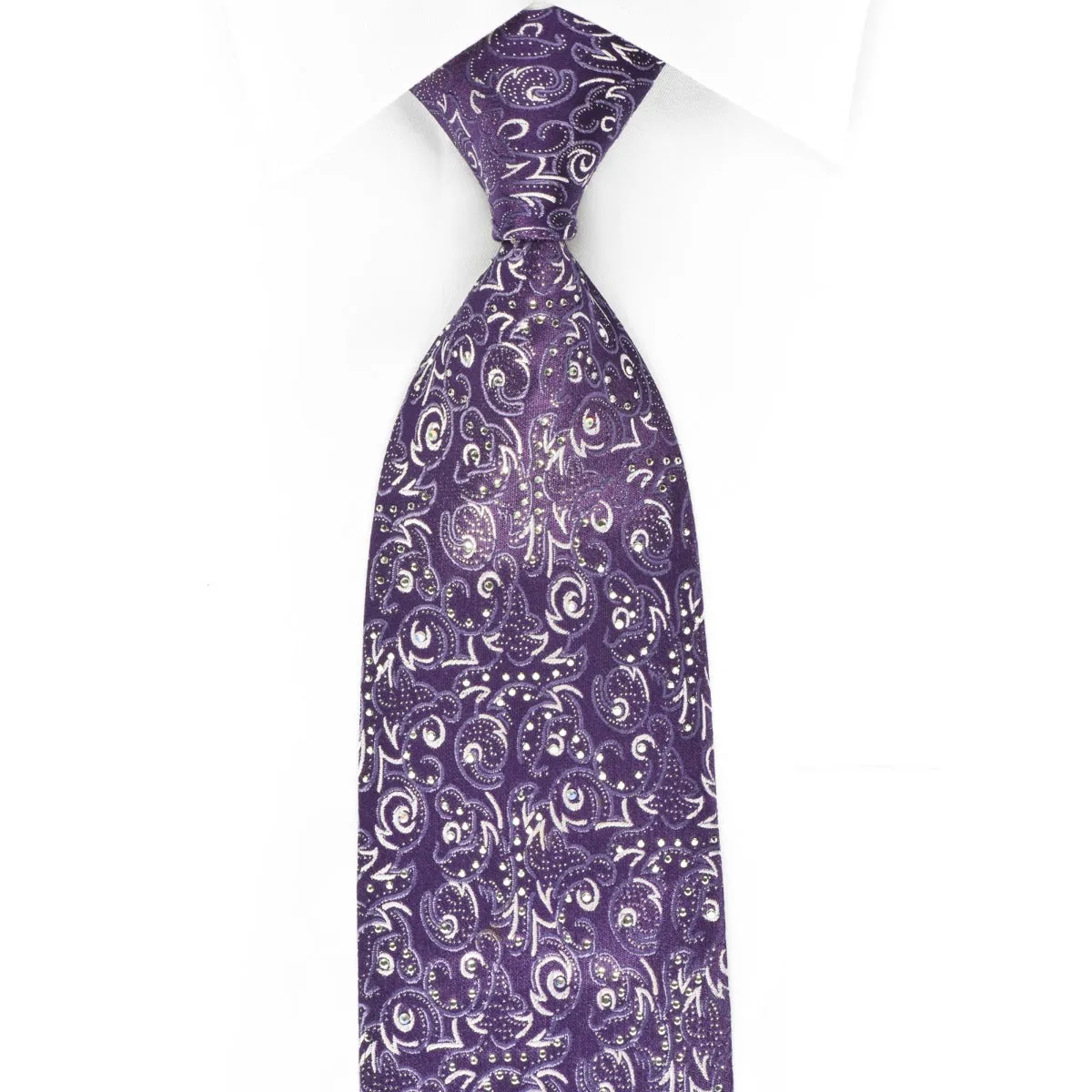Premierlux Rhinestone Silk Necktie Silver Abstract On Purple With Silver Sparkles