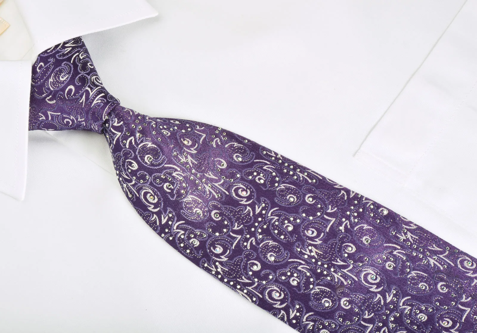 Premierlux Rhinestone Silk Necktie Silver Abstract On Purple With Silver Sparkles