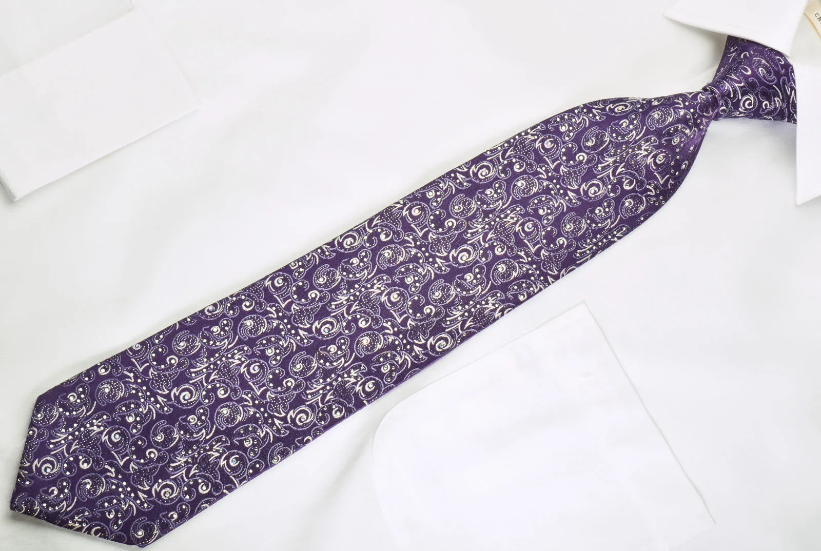Premierlux Rhinestone Silk Necktie Silver Abstract On Purple With Silver Sparkles