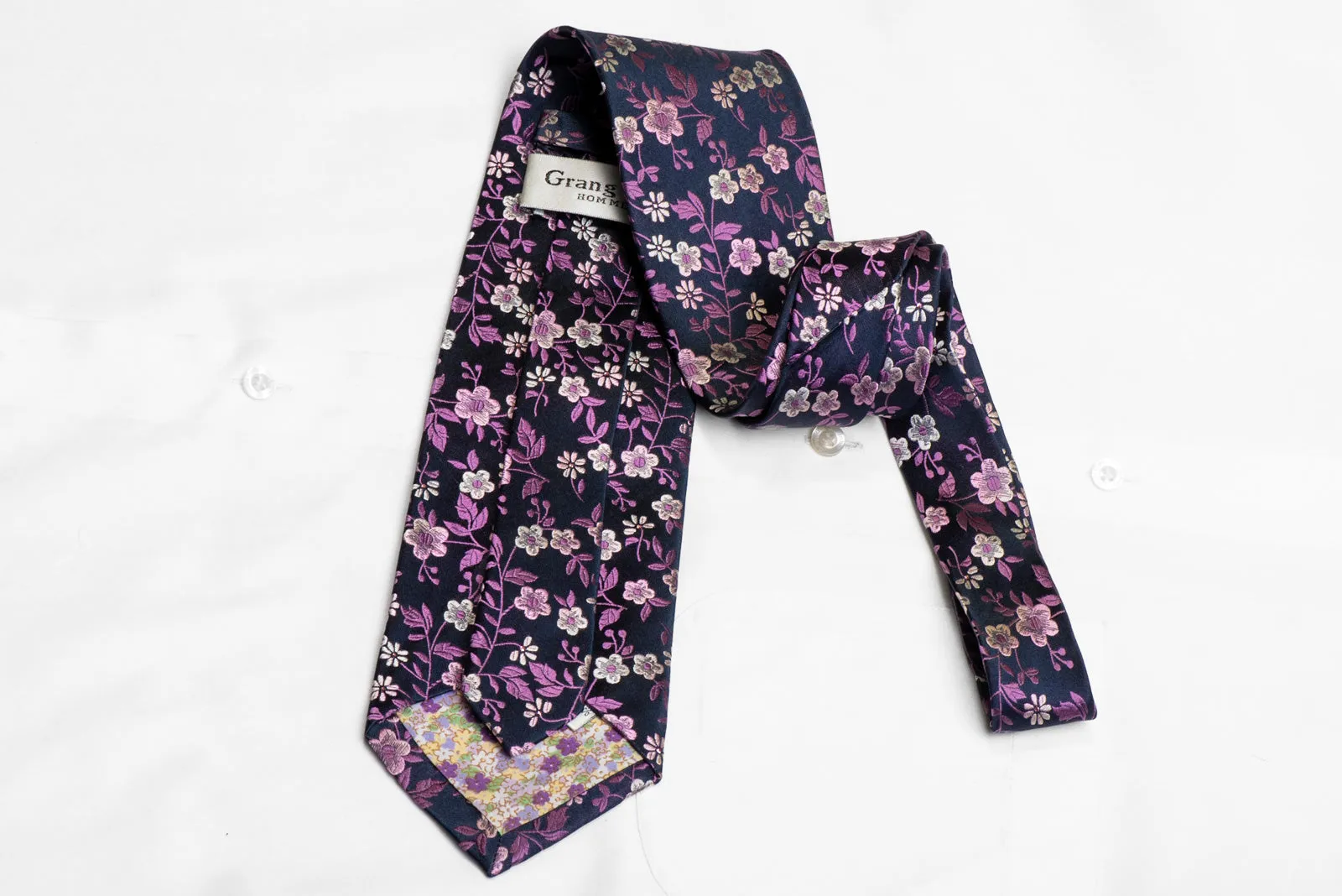 Purple Floral On Navy Rhinestone Silk Necktie With Purple Sparkles