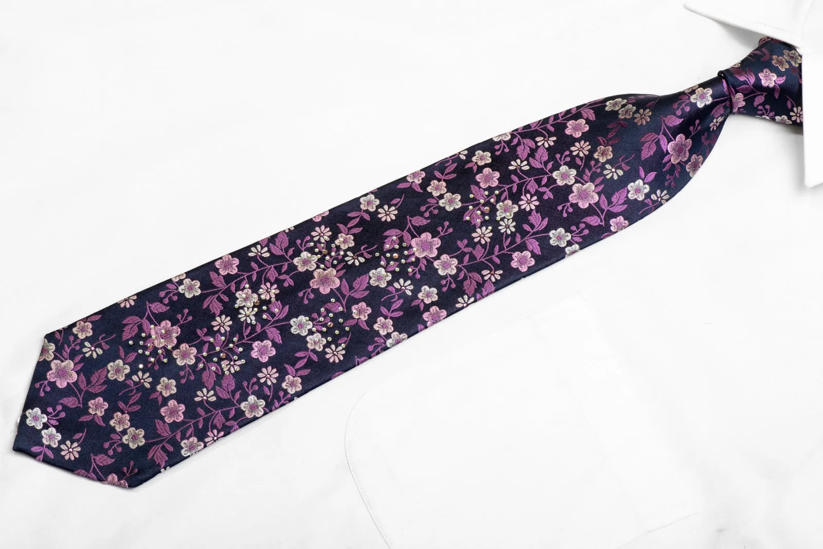 Purple Floral On Navy Rhinestone Silk Necktie With Purple Sparkles