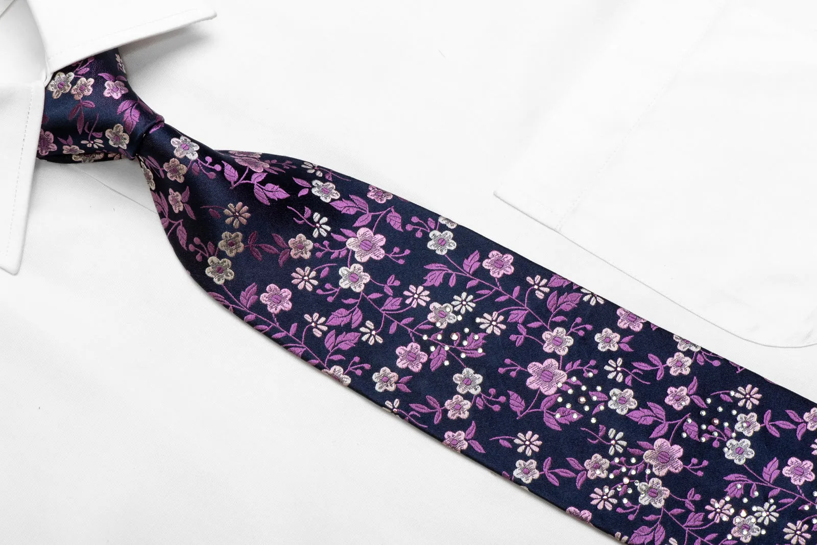 Purple Floral On Navy Rhinestone Silk Necktie With Purple Sparkles