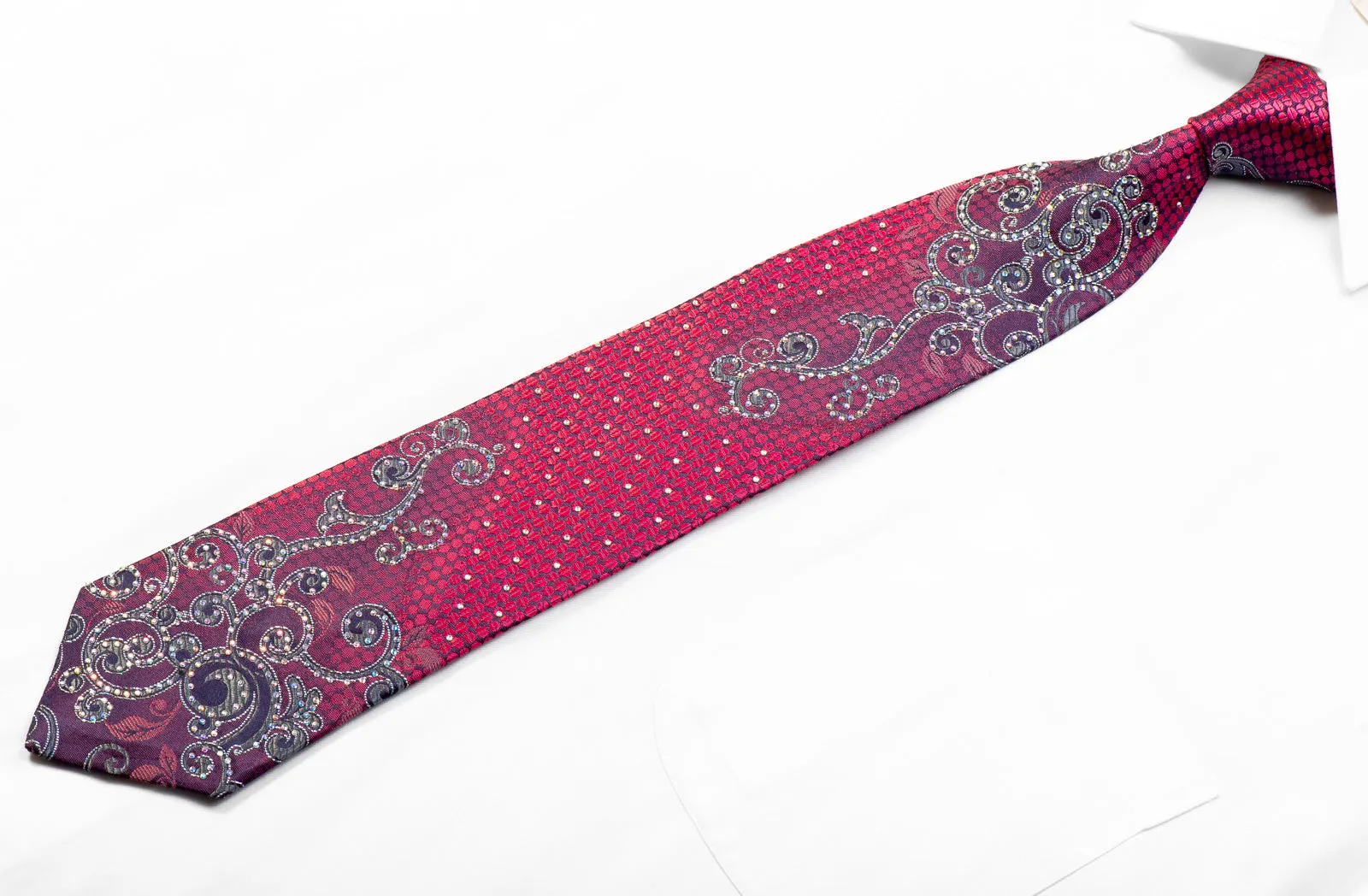 Remizio Crystal Rhinestone Silk Tie Silver Scrolls On Purple Geometric With Silver Sparkles