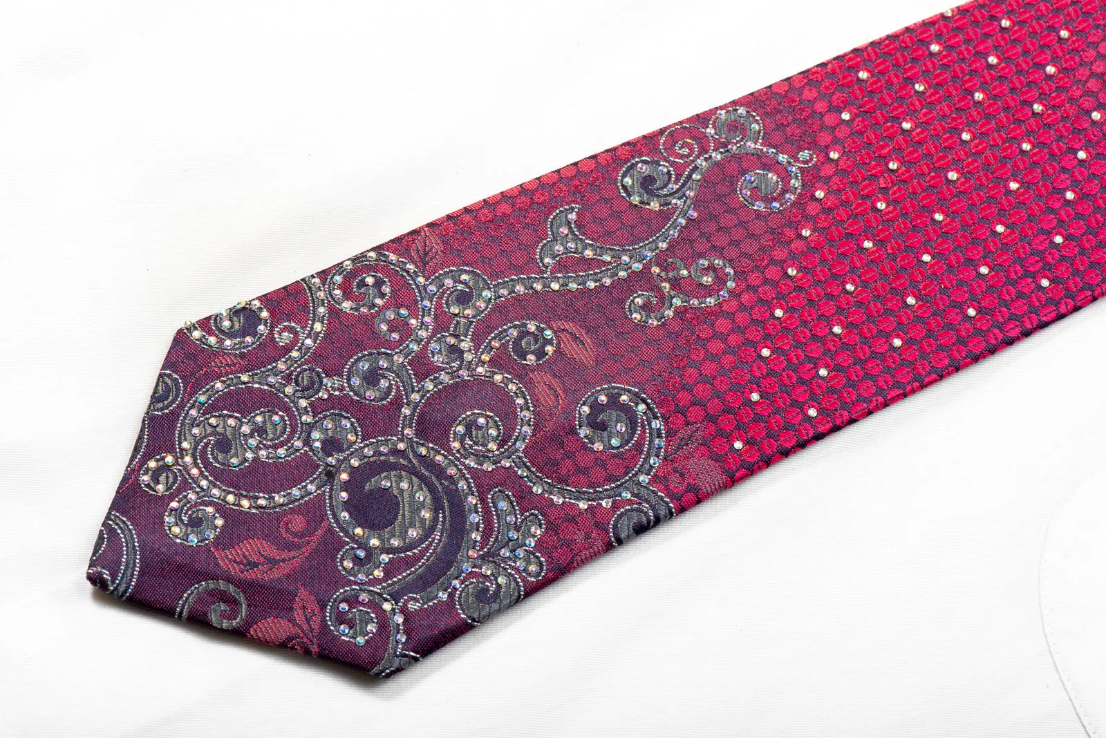 Remizio Crystal Rhinestone Silk Tie Silver Scrolls On Purple Geometric With Silver Sparkles