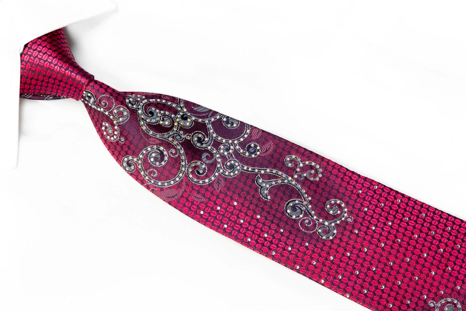 Remizio Crystal Rhinestone Silk Tie Silver Scrolls On Purple Geometric With Silver Sparkles