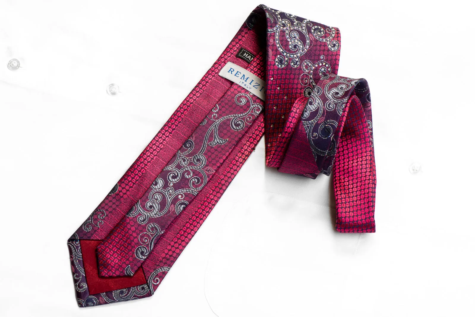 Remizio Crystal Rhinestone Silk Tie Silver Scrolls On Purple Geometric With Silver Sparkles