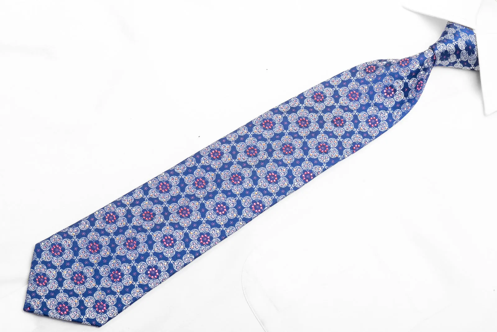 Renoma Men's Crystal Necktie Silver Medallions On Blue With Purple Sparkles