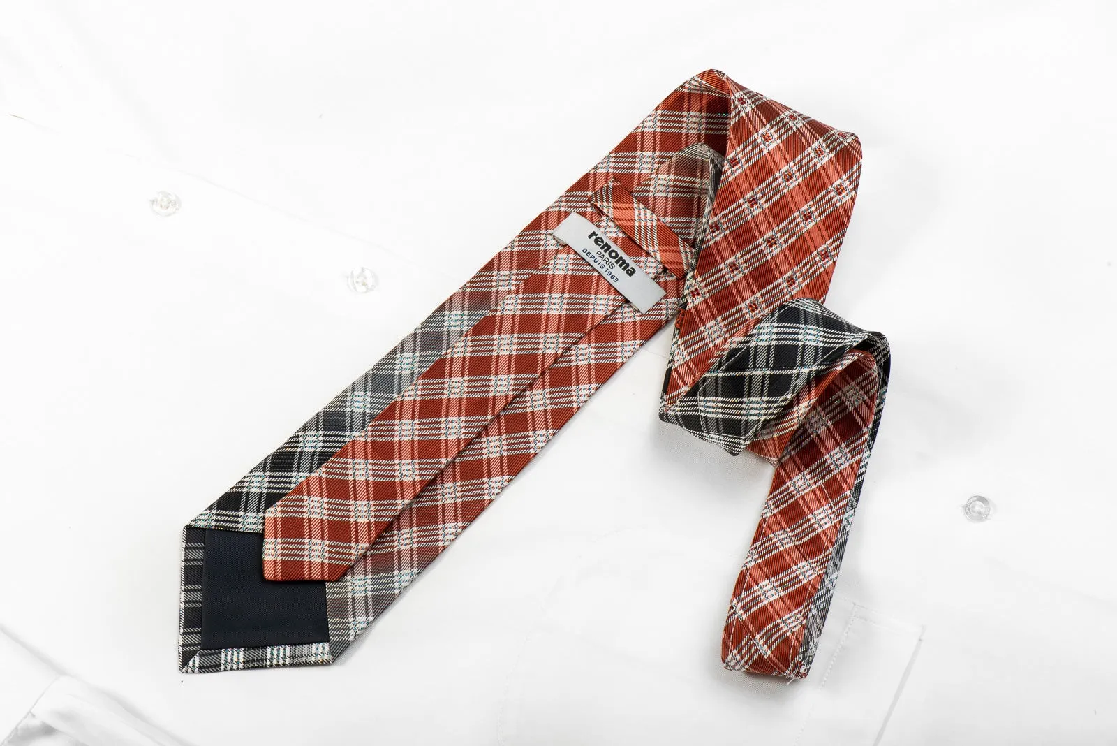 Renoma Mens Crystal Rhinestone Silk Tie Orange White Plaids With Silver Sparkles