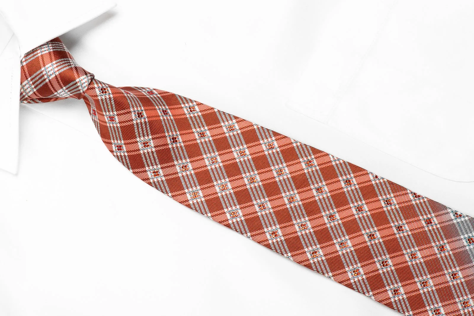 Renoma Mens Crystal Rhinestone Silk Tie Orange White Plaids With Silver Sparkles
