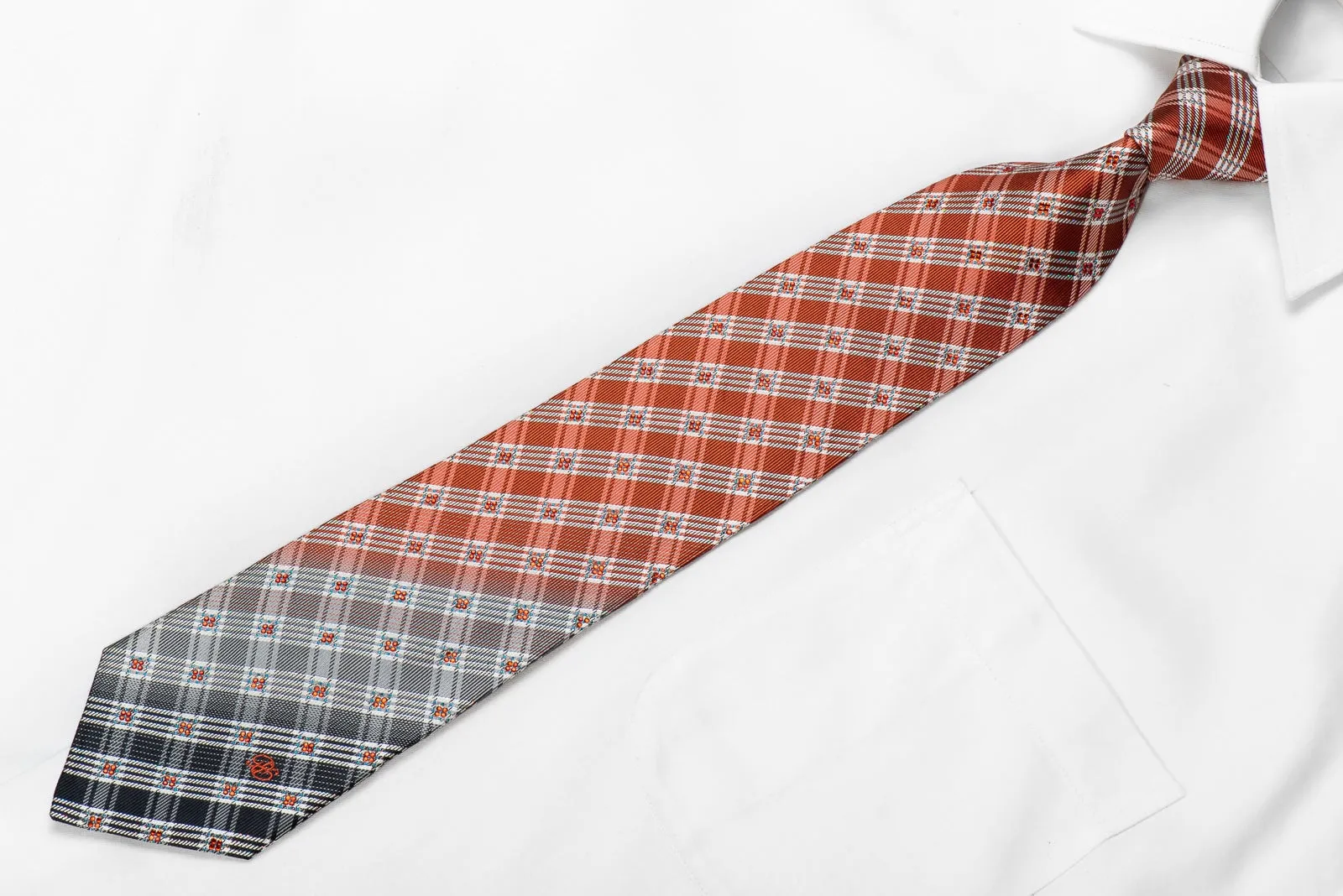 Renoma Mens Crystal Rhinestone Silk Tie Orange White Plaids With Silver Sparkles