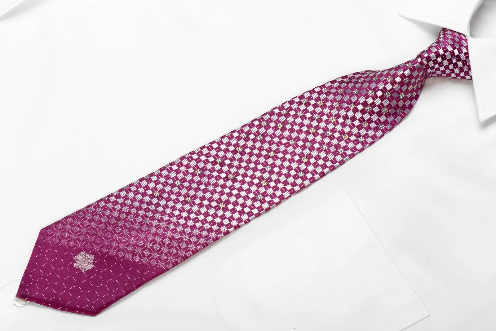 Renoma Men's Crystal Silk Necktie Silver Purple Checkered With Silver Sparkles
