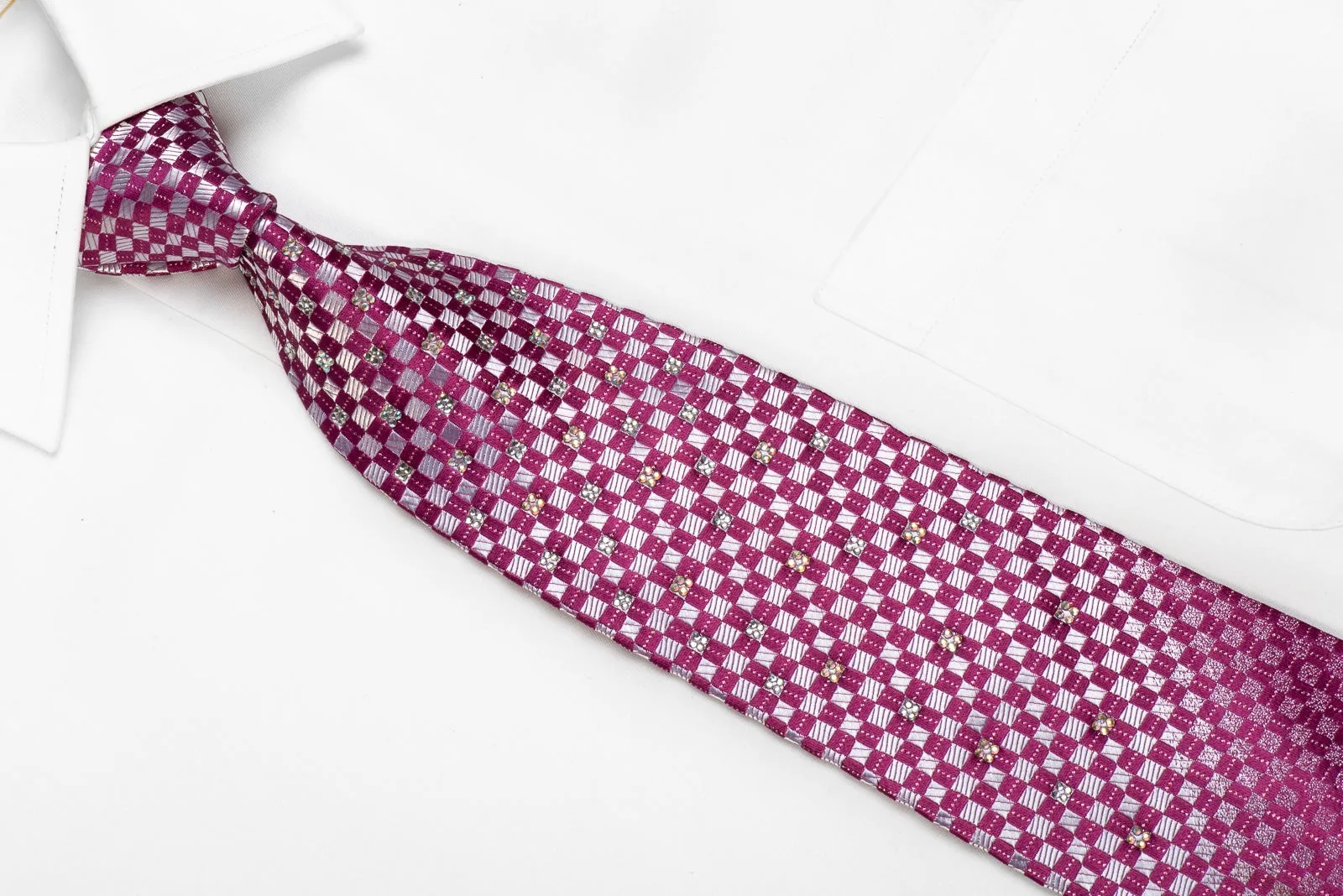 Renoma Men's Crystal Silk Necktie Silver Purple Checkered With Silver Sparkles