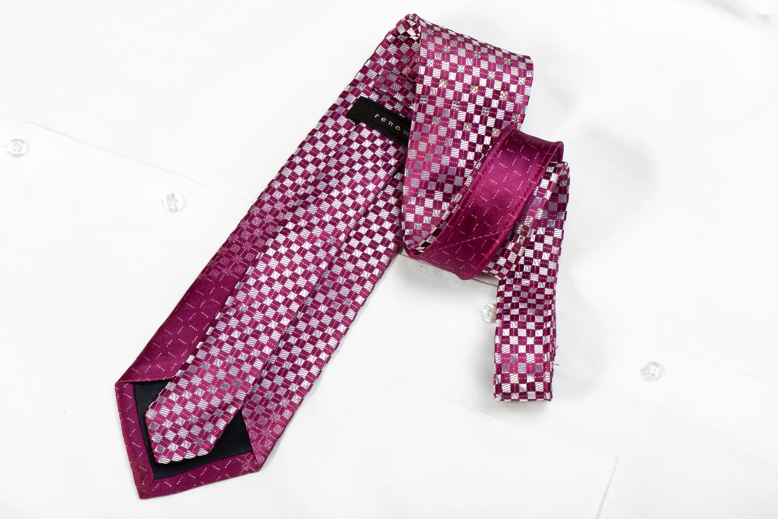 Renoma Men's Crystal Silk Necktie Silver Purple Checkered With Silver Sparkles
