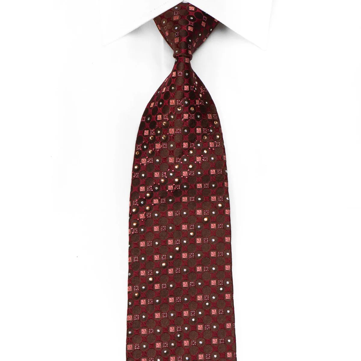 Renoma Men's Rhinestone Silk Necktie Brown Dots On Burgundy With Sparkles
