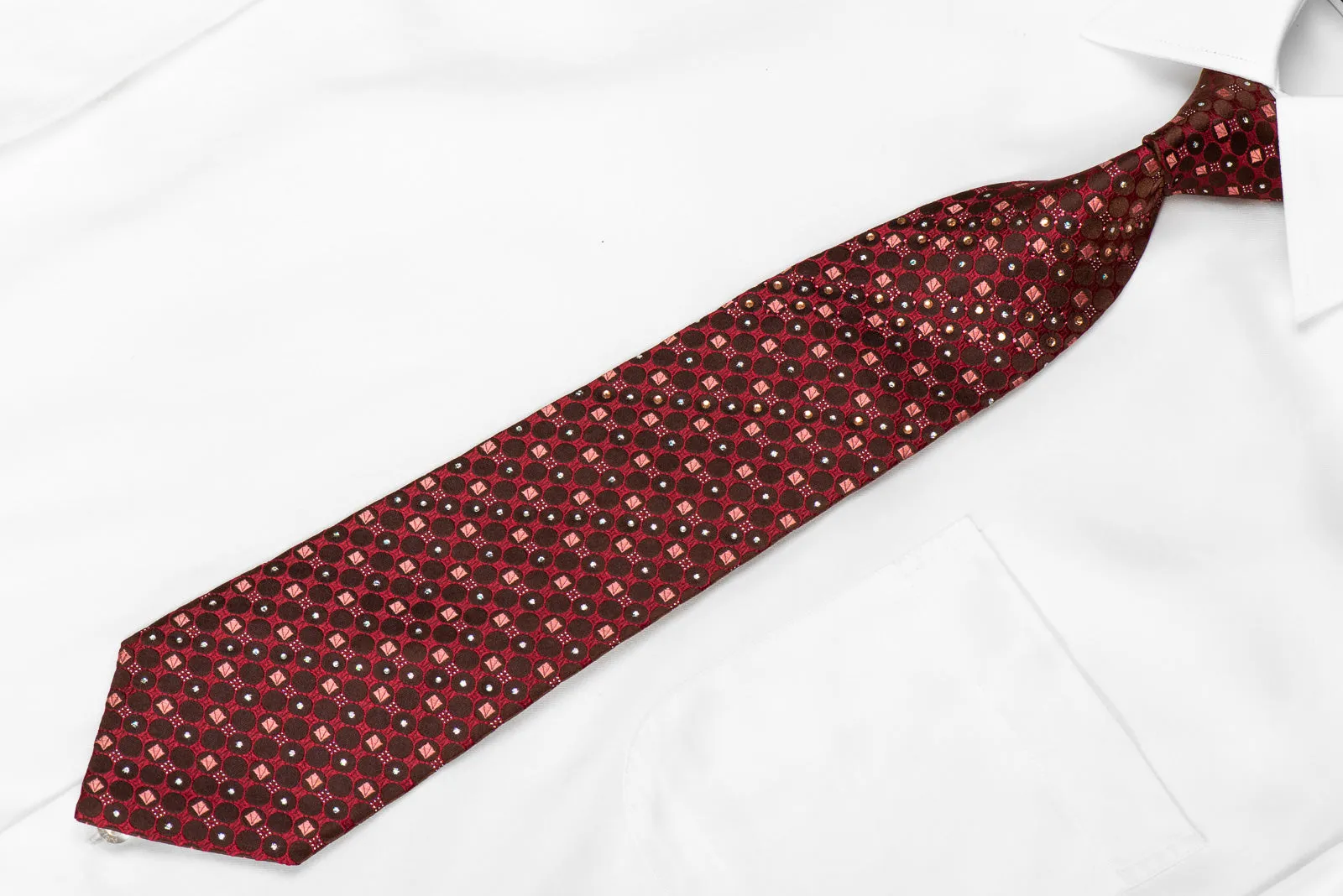 Renoma Men's Rhinestone Silk Necktie Brown Dots On Burgundy With Sparkles