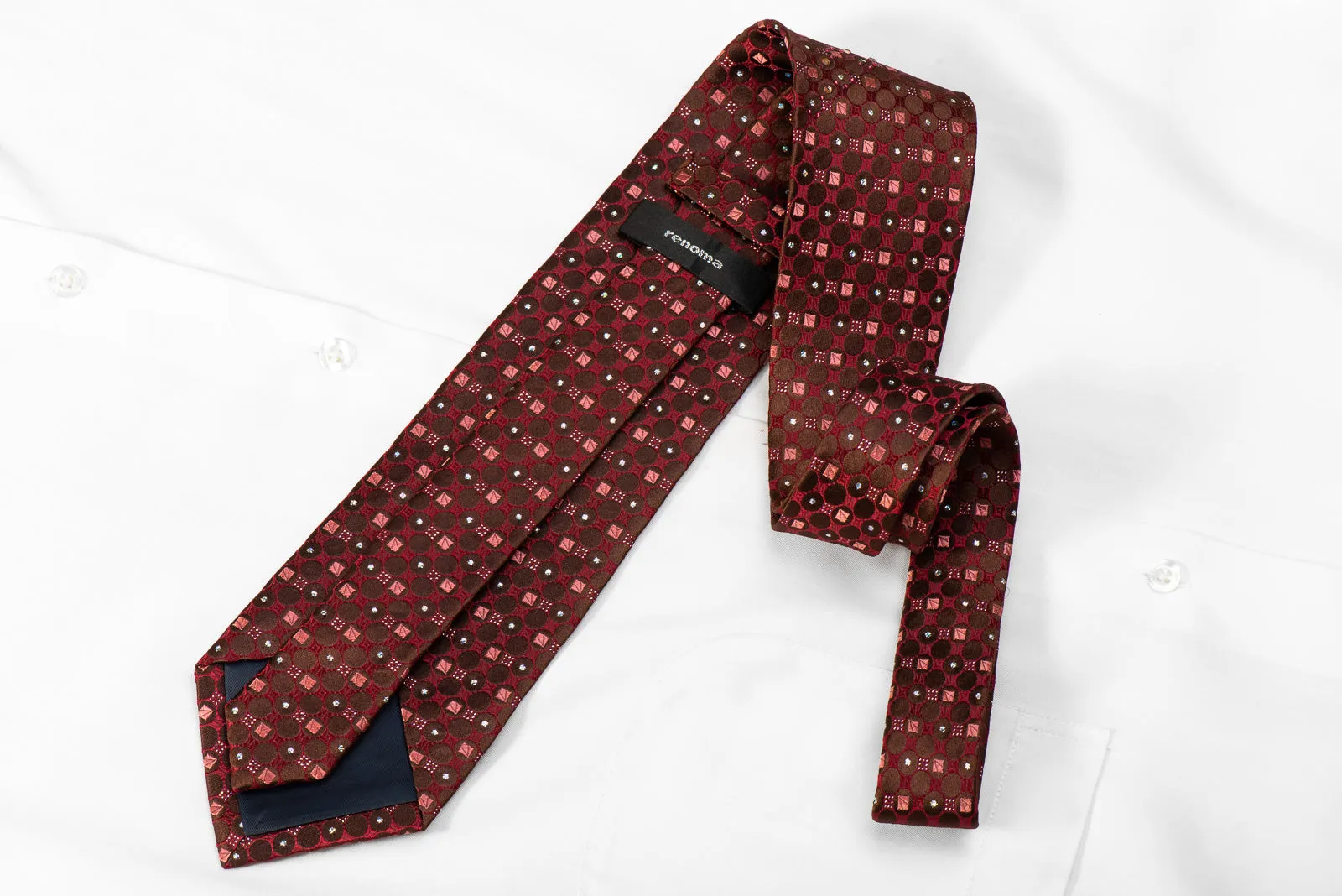 Renoma Men's Rhinestone Silk Necktie Brown Dots On Burgundy With Sparkles