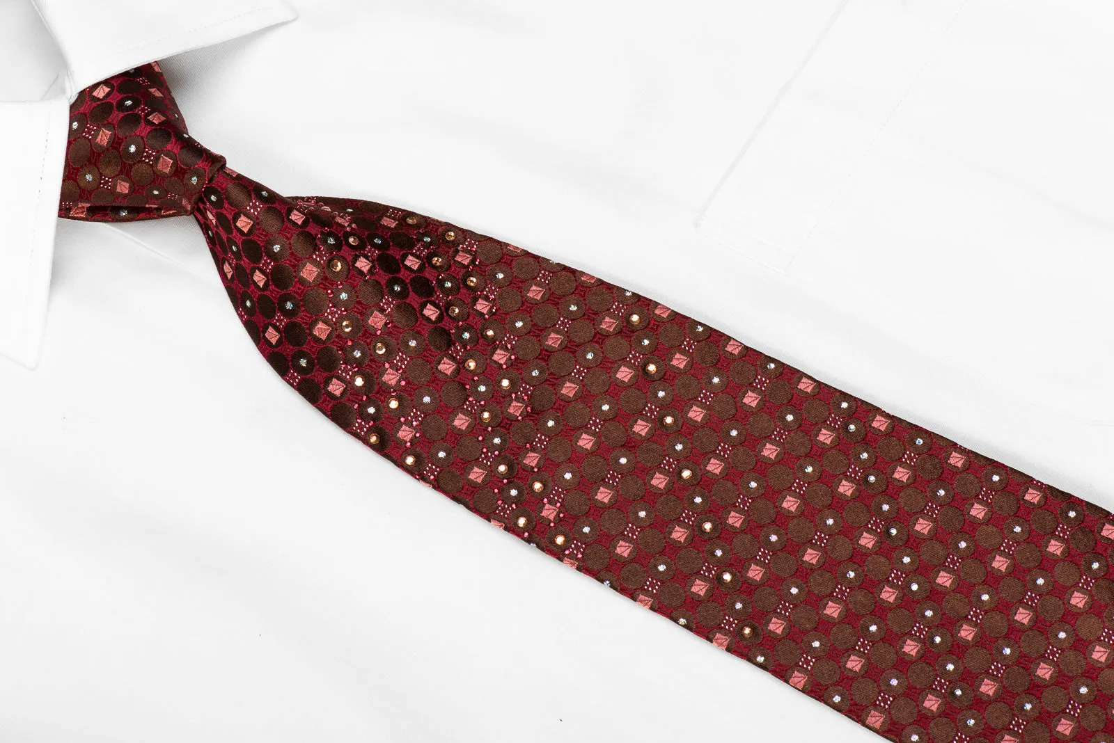 Renoma Men's Rhinestone Silk Necktie Brown Dots On Burgundy With Sparkles