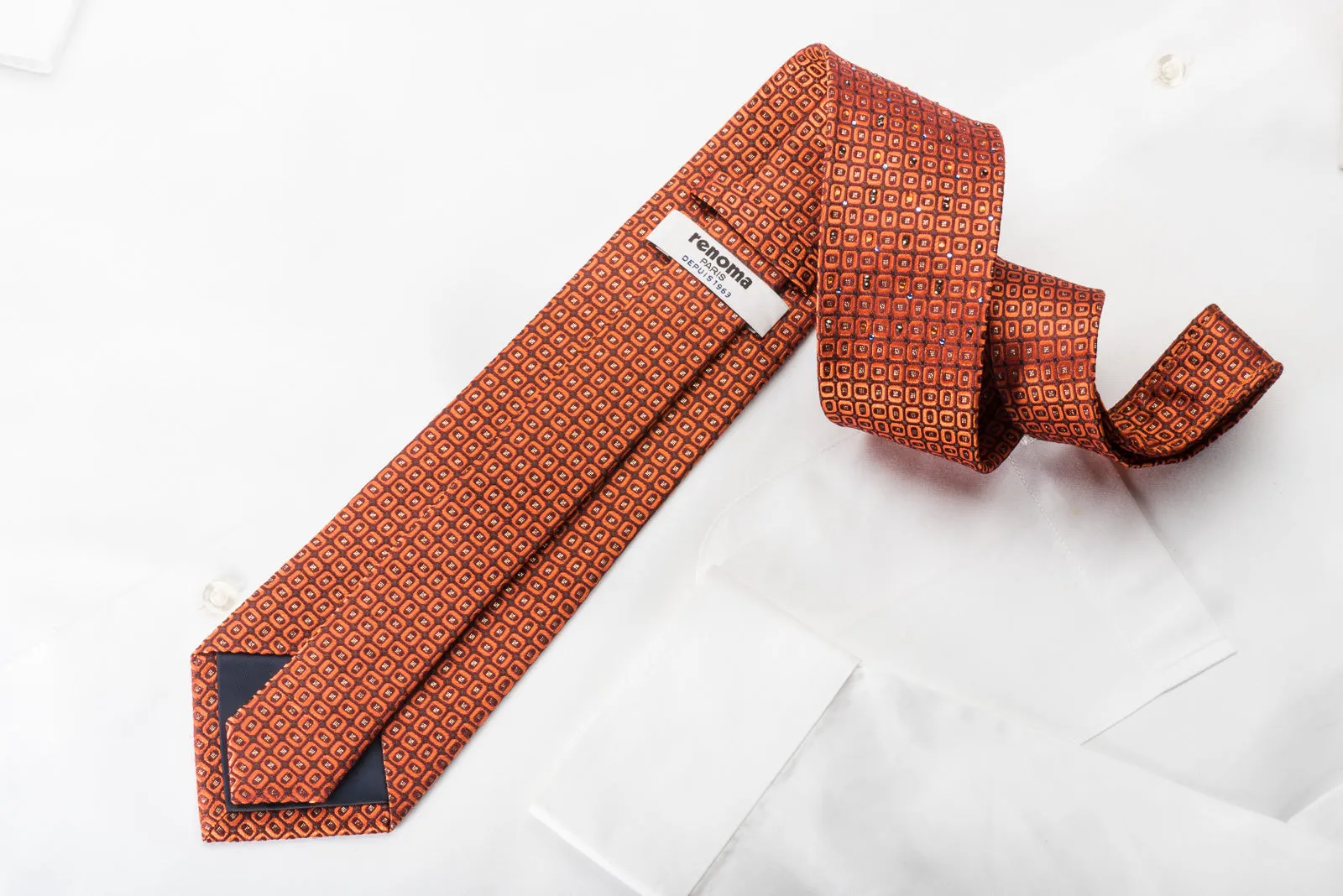 Renoma Rhinestone Silk Necktie Orange Geometric On Brown With Golden Sparkles