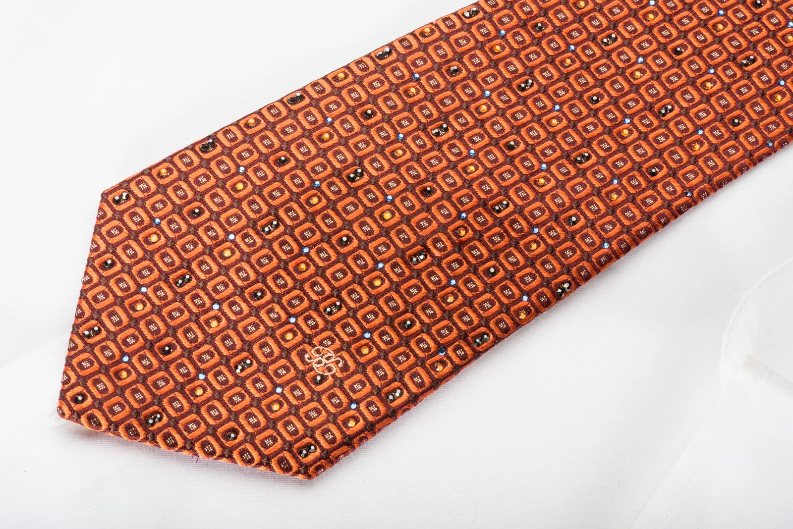 Renoma Rhinestone Silk Necktie Orange Geometric On Brown With Golden Sparkles