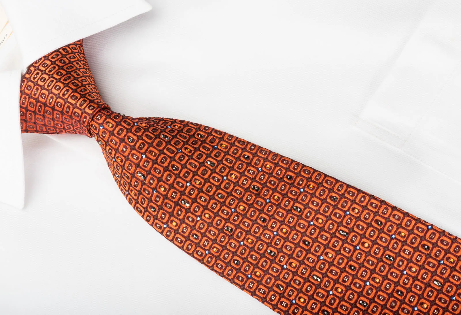 Renoma Rhinestone Silk Necktie Orange Geometric On Brown With Golden Sparkles