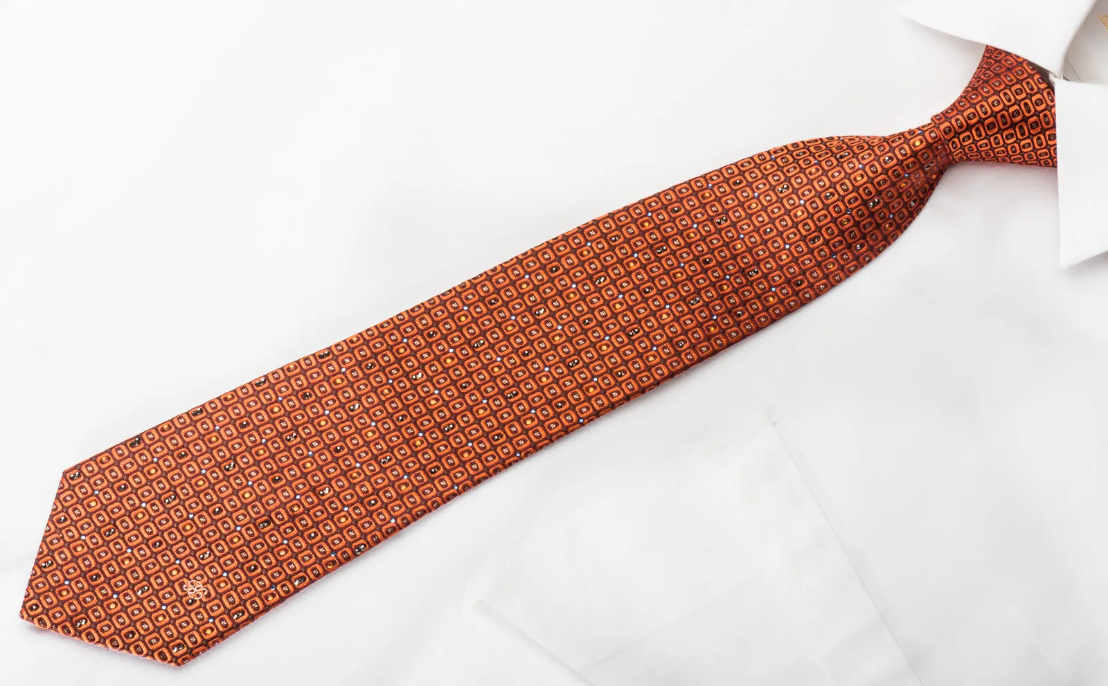 Renoma Rhinestone Silk Necktie Orange Geometric On Brown With Golden Sparkles