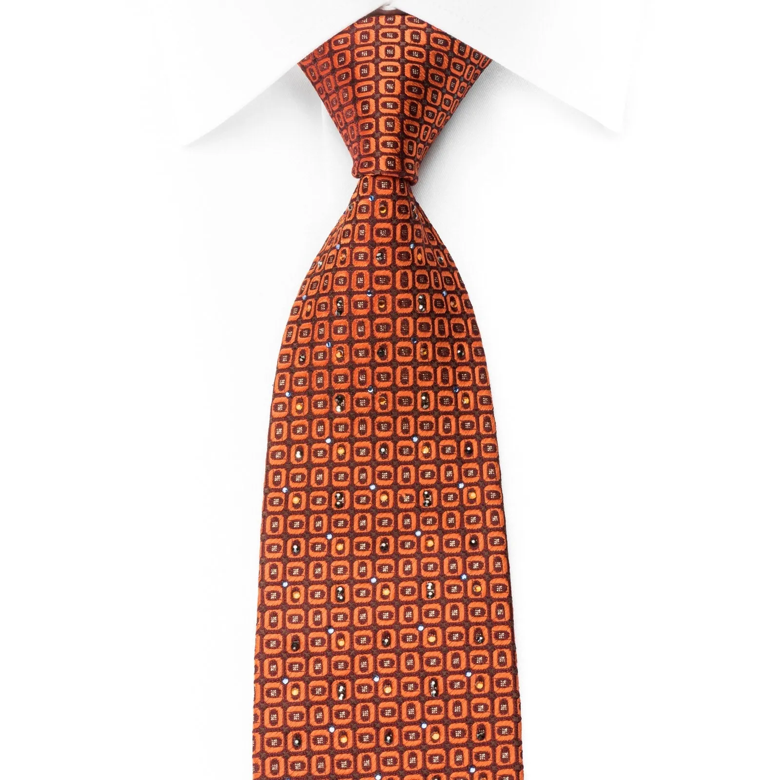 Renoma Rhinestone Silk Necktie Orange Geometric On Brown With Golden Sparkles