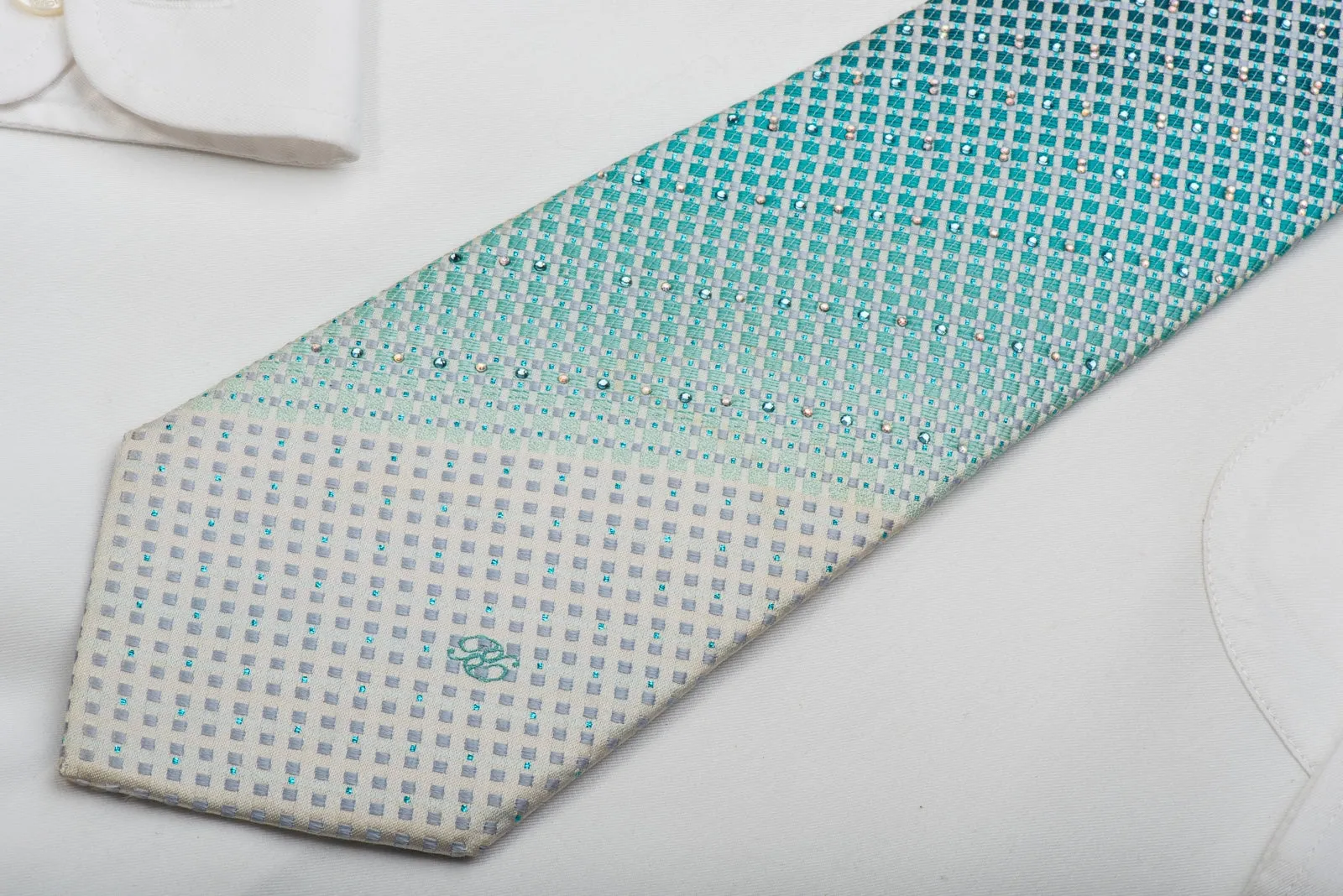 Renoma Rhinestone Silk Necktie Silver Turquoise Checkered With Sparkles
