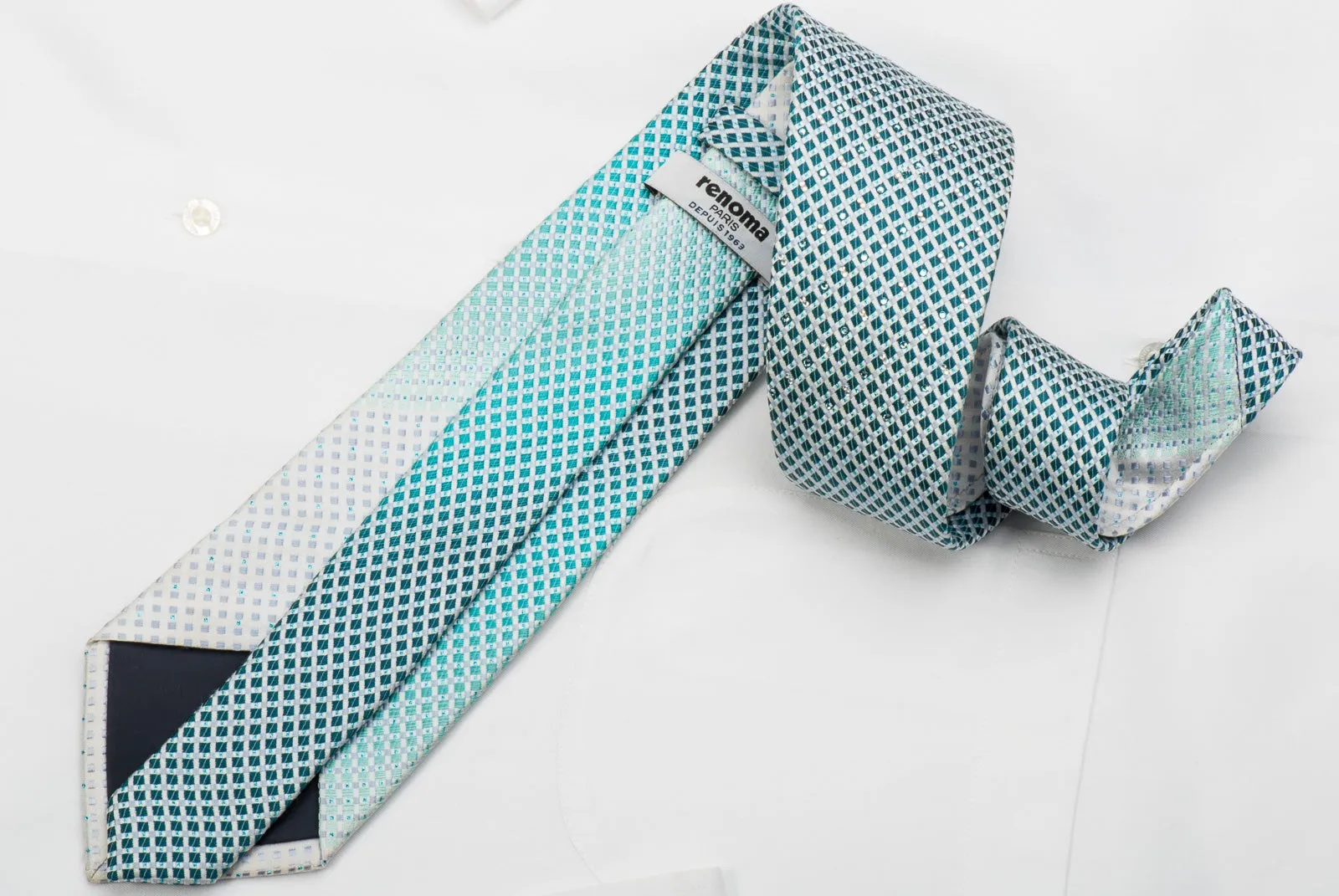 Renoma Rhinestone Silk Necktie Silver Turquoise Checkered With Sparkles