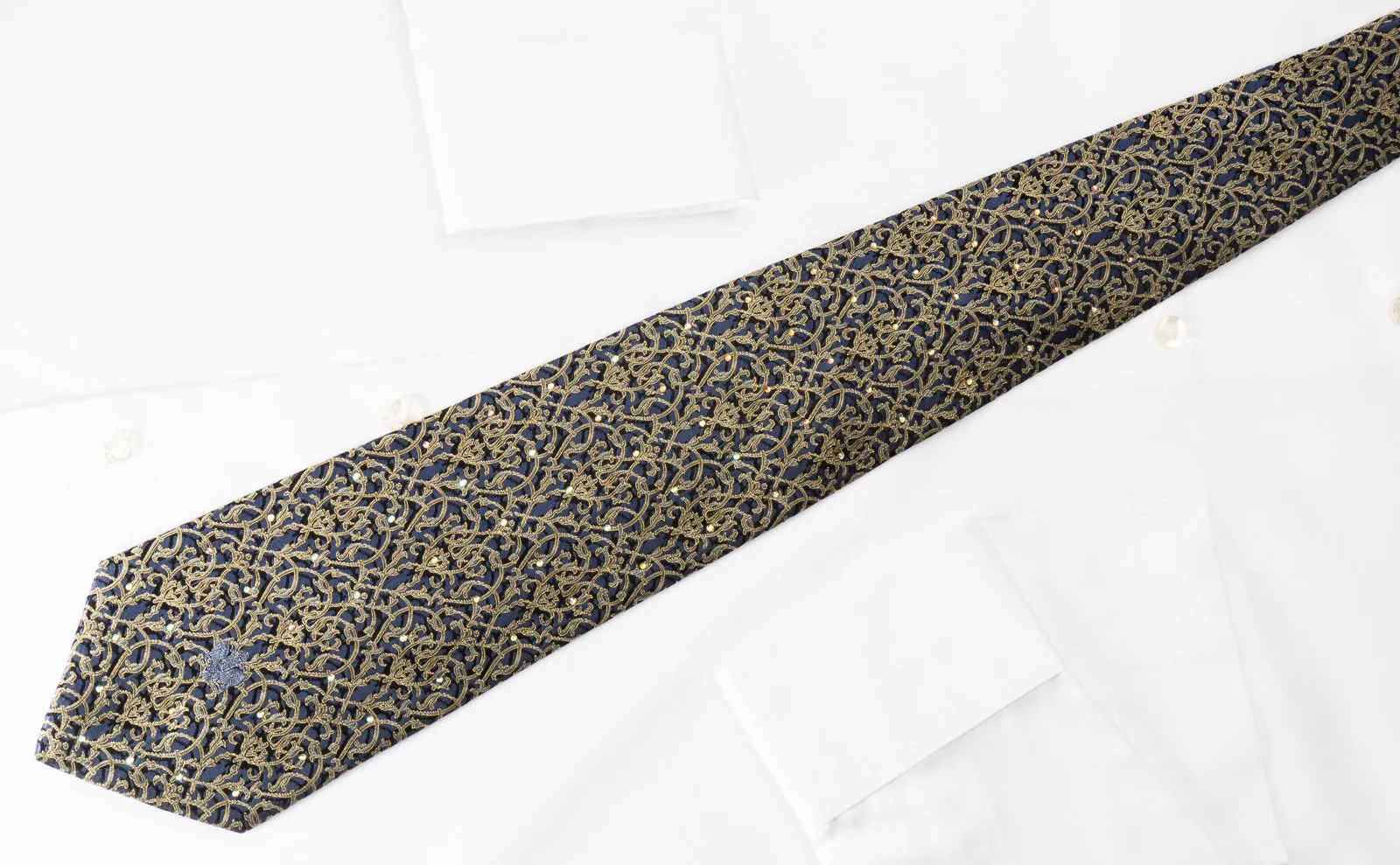 Renoma Rhinestone Tie Golden Yellow Vine Trellis On Blue Woven Silk