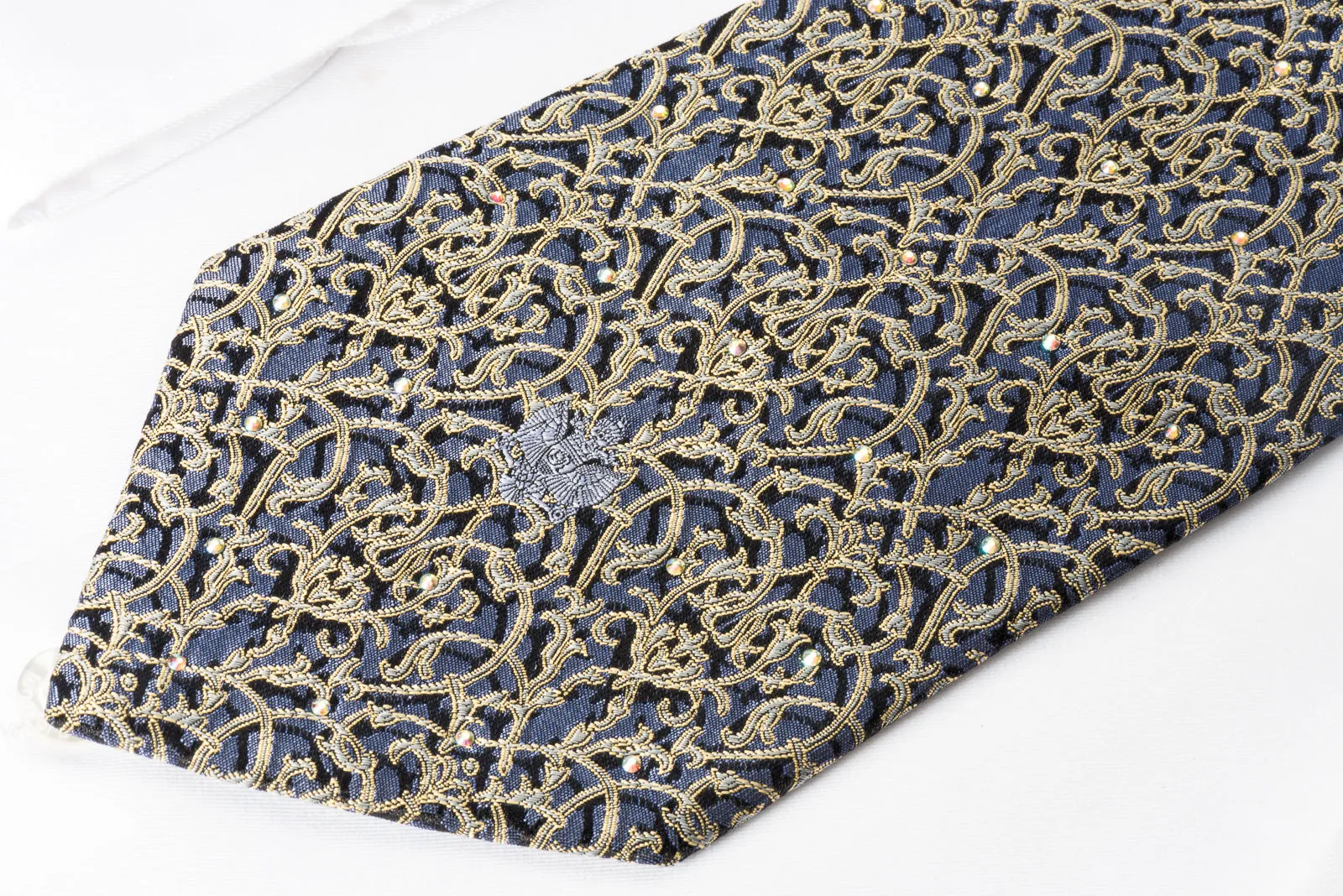Renoma Rhinestone Tie Golden Yellow Vine Trellis On Blue Woven Silk