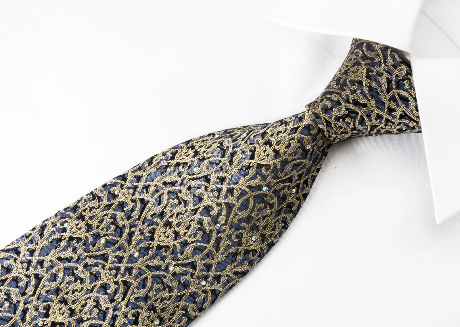 Renoma Rhinestone Tie Golden Yellow Vine Trellis On Blue Woven Silk