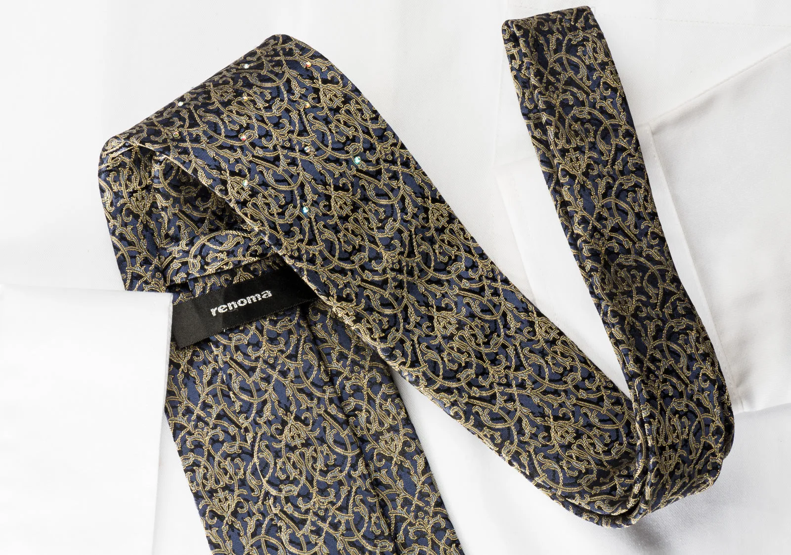 Renoma Rhinestone Tie Golden Yellow Vine Trellis On Blue Woven Silk