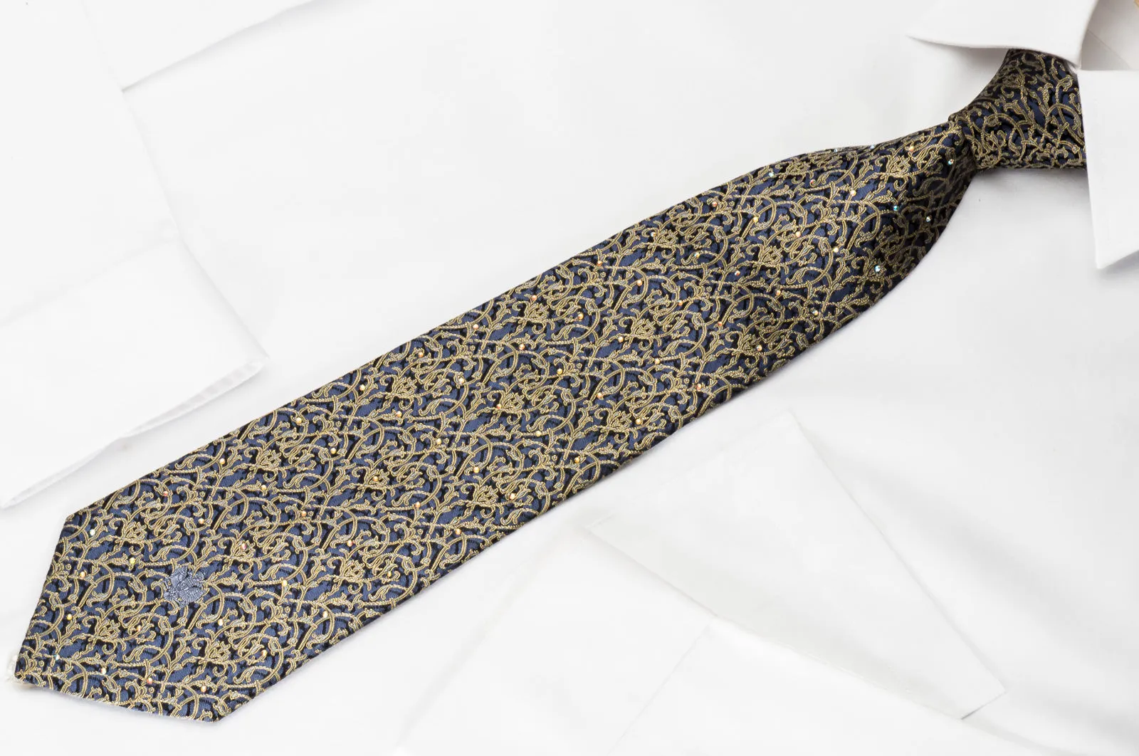 Renoma Rhinestone Tie Golden Yellow Vine Trellis On Blue Woven Silk